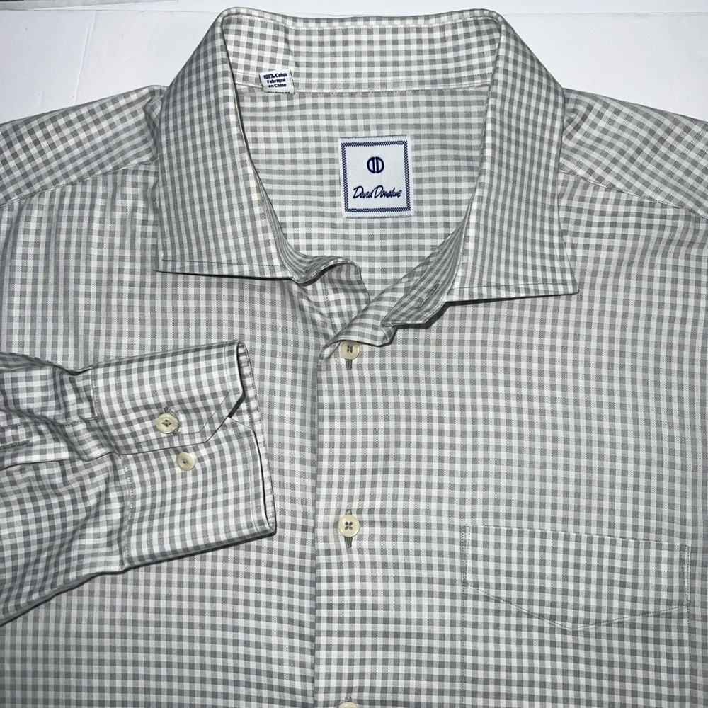 David Donahue Men's Shirt XXL Short Sleeve Gray White Check Regular Cotton